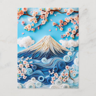 Carte Postale Quilling du mont Fuji avec des fleurs de cerisier