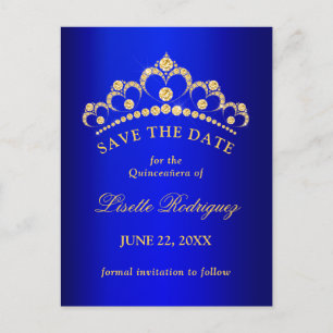 Carte Postale Quinceanera Bleu Et Or Enregistrer La Date