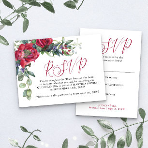 Carte Postale Quinceanera Elégante Rose Rouge Pré-Adressé RSVP