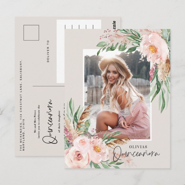 Carte Postale Quinceañera Pink girly floral photo anniversaire I (Devant / Derrière)