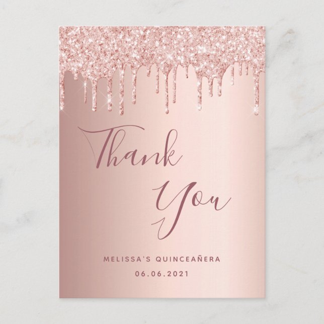 Carte Postale Quinceanera rose gouttes roses or merci (Devant)