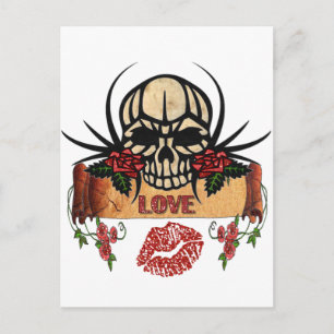 Carte Postale RAB Rockabilly Crâne Roses Amour Rouge à lèvres