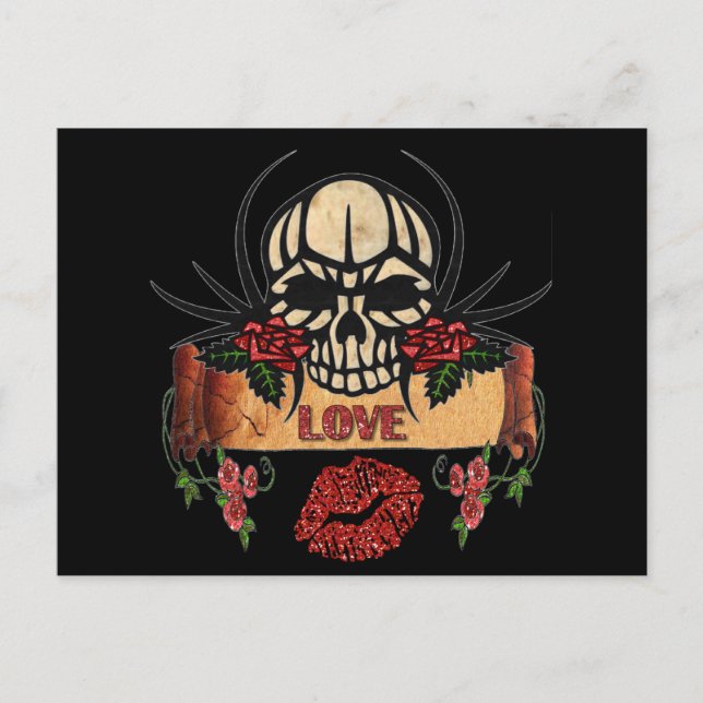 Carte Postale RAB Rockabilly Crâne Roses Love Lipstick (Devant)