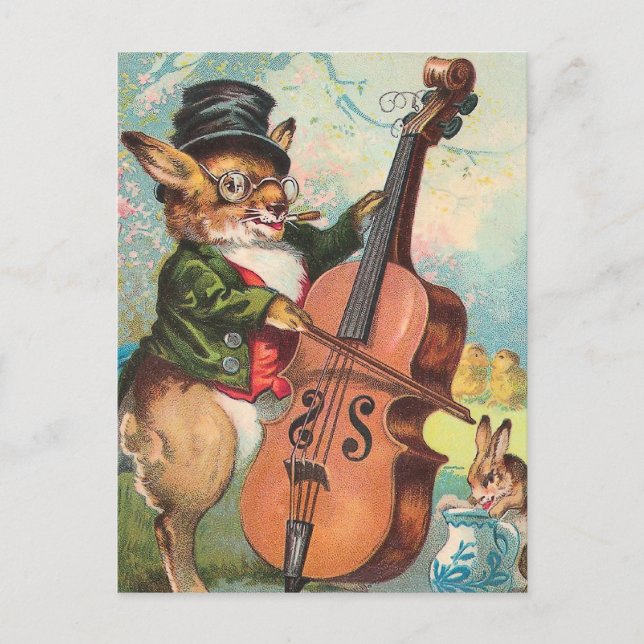 Carte Postale "Rabbit Playing the Cello" Vintage (Devant)