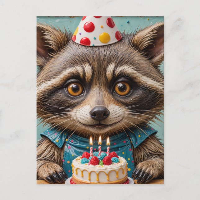Carte Postale Raccoon adorable avec gâteau d'anniversaire (Devant)