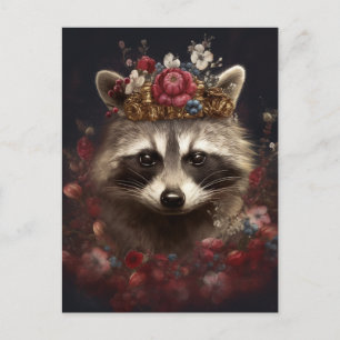 Carte Postale Raccoon adorable dans une couronne avec fleurs
