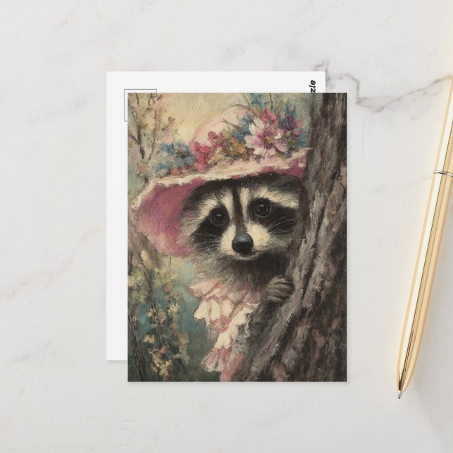 Carte Postale Raccoon adorable en robe rose (Devant/Arrière en situation)