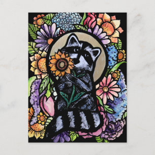 Carte Postale Raccoon Art Flower Raccoons Design avec tournesol