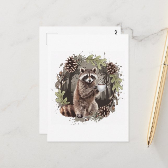 Carte Postale Raccoon avec café (Devant/Arrière en situation)