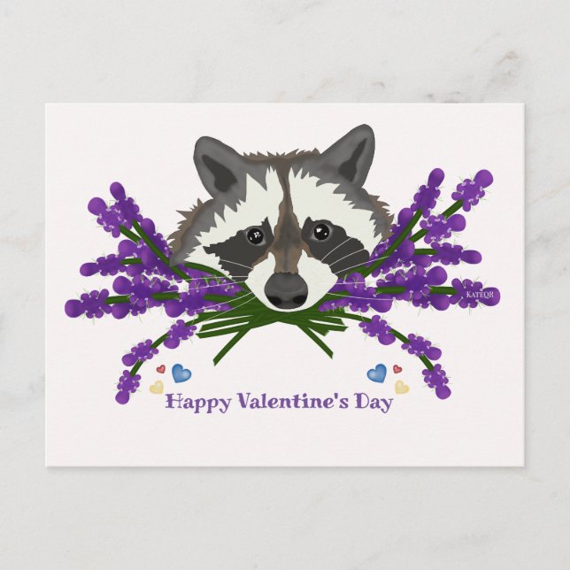Carte Postale Raccoon avec lavande. Heureuse Sainte-Valentin (Devant)