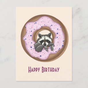 Carte Postale Raccoon mignon avec Donut doux Joyeux Anniversaire