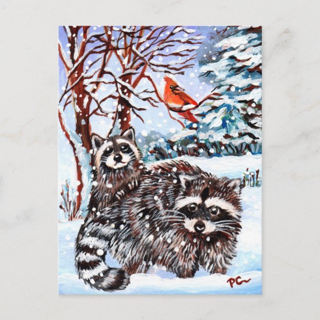 Carte Postale Raccoons dans la neige (Devant)