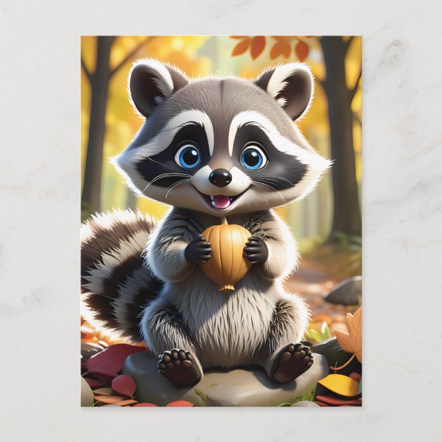 Carte Postale Racon de style Cute Kawaii tenant un gland (Devant)