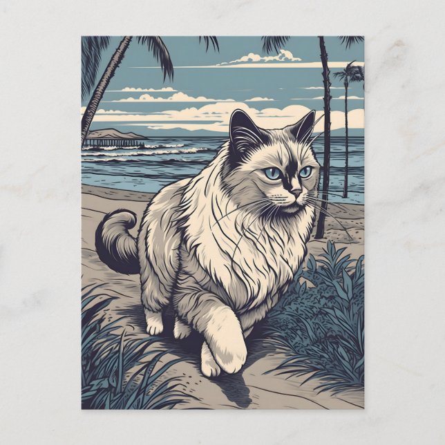 Carte Postale Ragdoll-Cat sur une plage tropicale au coucher du  (Devant)