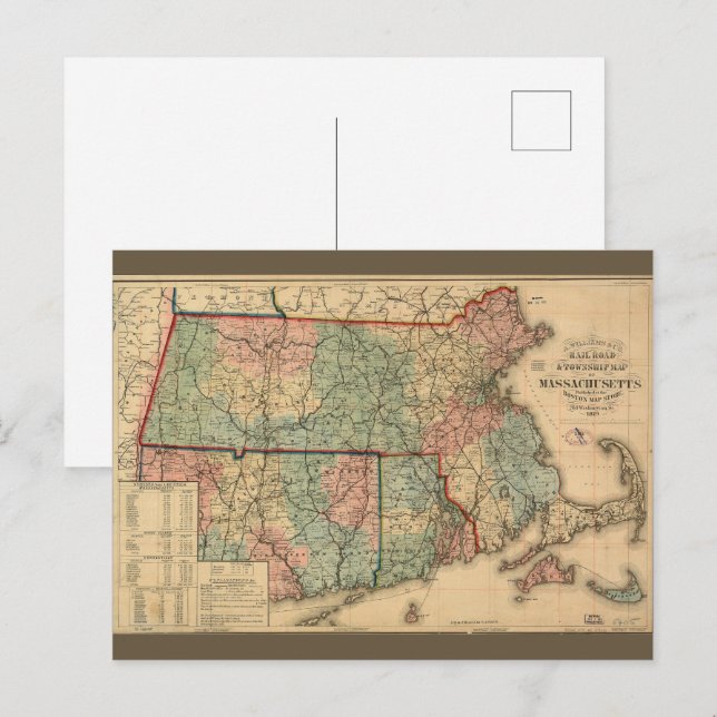 Carte Postale Rail Road & Township Map of Massachusetts, 1879 (Devant / Derrière)