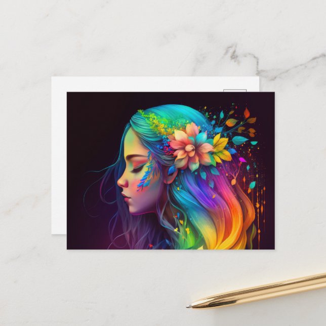 Carte Postale Rainbow Hair Girl (Devant/Arrière en situation)