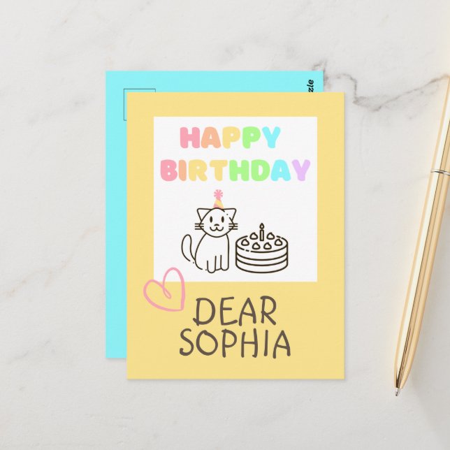 Carte postale Rainbow Happy Birthday Cat (Devant/Arrière en situation)