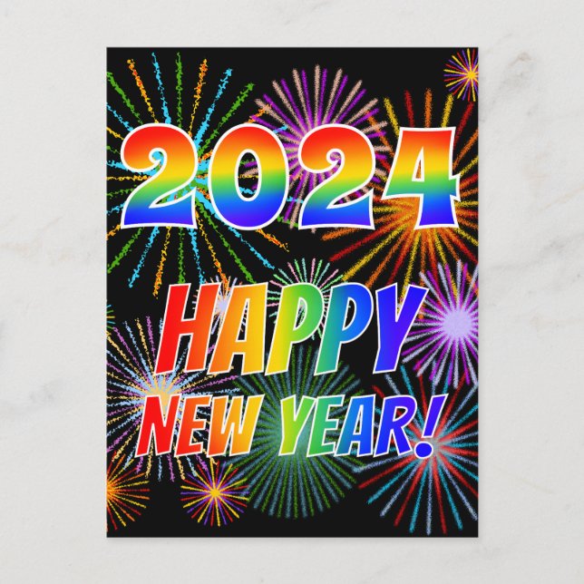 Carte Postale Rainbow Letters "2024" + "HEUREUX NOUVEL AN !" (Devant)