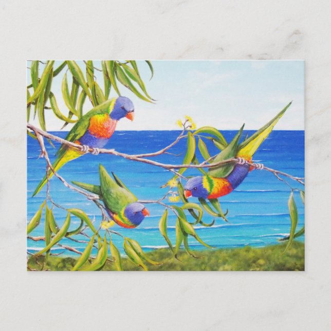 Carte Postale Rainbow Lorikeet Birds Blue Australian Peinture (Devant)