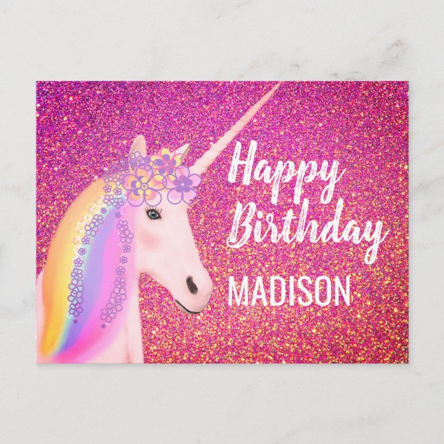 Carte Postale Rainbow Unicorn rose Faux Parties scintillant Anni (Devant)