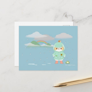 Carte Postale Rainey Day Mochi avec Raincoat Turquoise Froggy bu