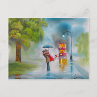 Carte Postale Rainy jour tram rouge romantique parapluie de coup