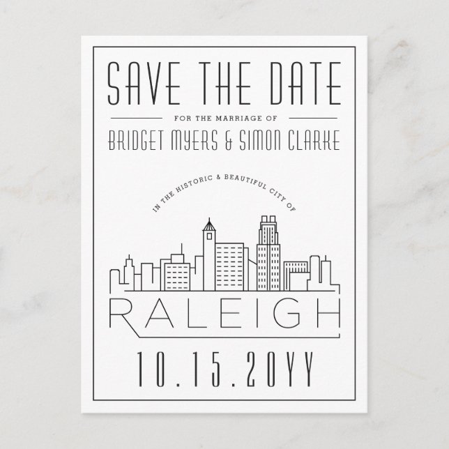 Carte Postale Raleigh Mariage | Skyline stylisée Enregistrer la  (Devant)