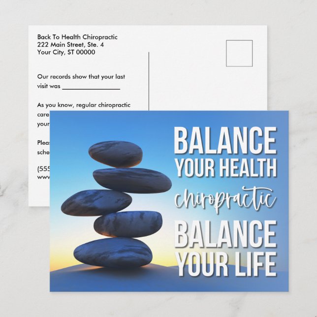 Carte Postale Rappel de chiropratique Équilibre Santé & Vie (Devant / Derrière)