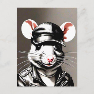 Carte Postale Rat de motard portant un équipement en cuir
