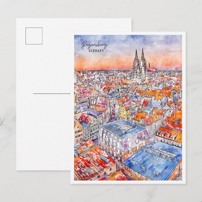 Carte Postale Ratisbonne Allemagne vintage voyage aquarelle (Devant / Derrière)