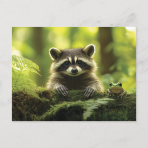 Carte Postale Raton laveur adorable et grenouille regardant par-