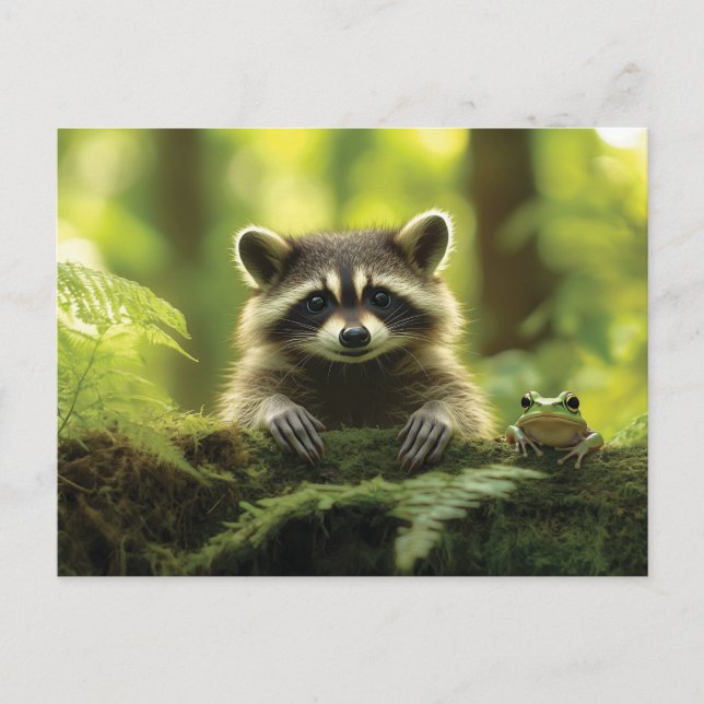 Carte Postale Raton laveur adorable et grenouille regardant par- (Devant)
