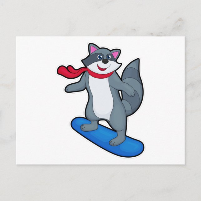 Carte Postale Raton laveur en snowboardeur avec snowboard et éch (Devant)