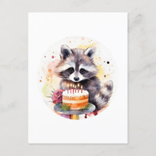 Carte Postale Raton laveur heureux avec gâteau d'anniversaire