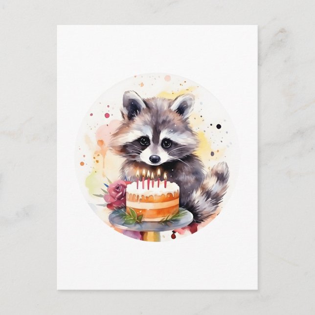 Carte Postale Raton laveur heureux avec gâteau d'anniversaire (Devant)
