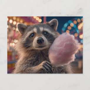 Carte Postale Raton laveur mangeant de la barbe à papa dans un p