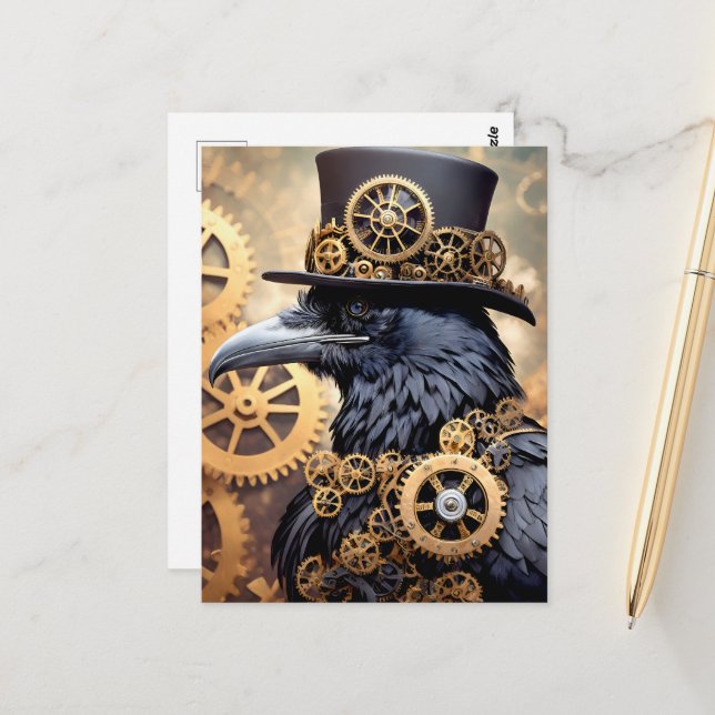 Carte Postale Raven Steampunk Gears Art (Devant/Arrière en situation)