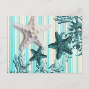 Carte Postale rayures nautiques aqua bleu étoile coquillages