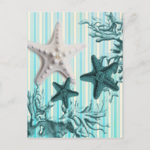 Carte Postale rayures nautiques aqua bleu étoile coquillages