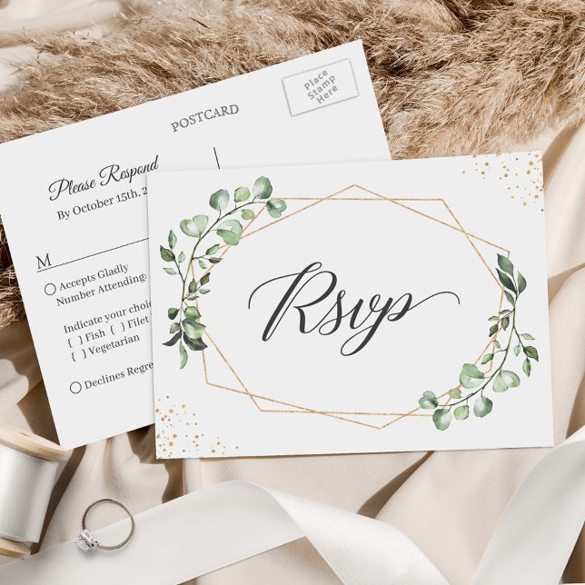 Carte Postale Réaction RSVP de mariage des Feuilles Eucalyptus g (This postcard is perfect for inviting guests to RSVP and select their meal choices in advance.)