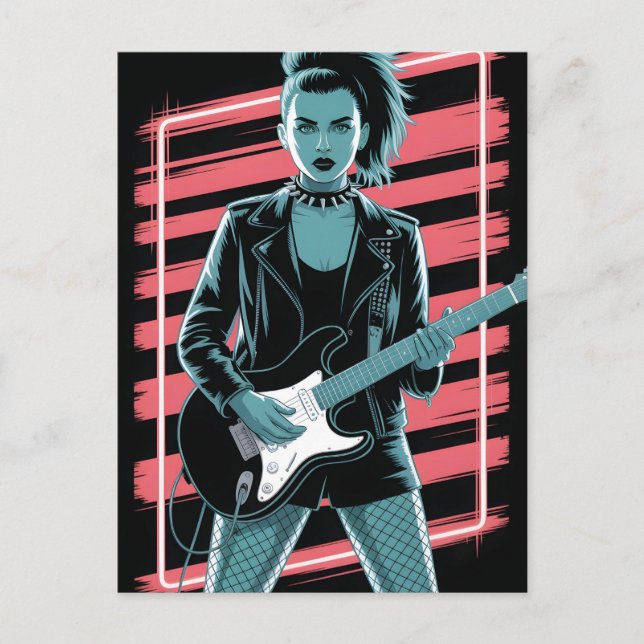 Carte Postale Rebellious Rock Star: Female Guitarist in Leather  (Devant)