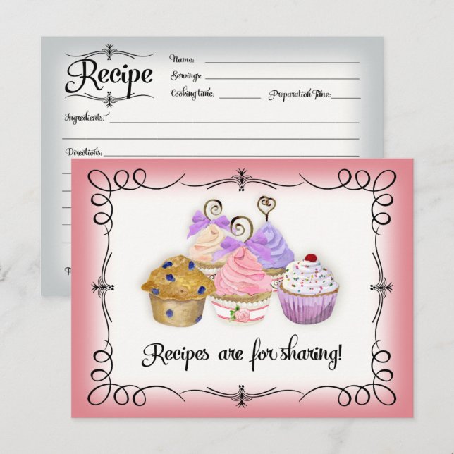 Carte Postale Recette Aquarelle de Cupcake pour Baby Shower Mari (Devant / Derrière)