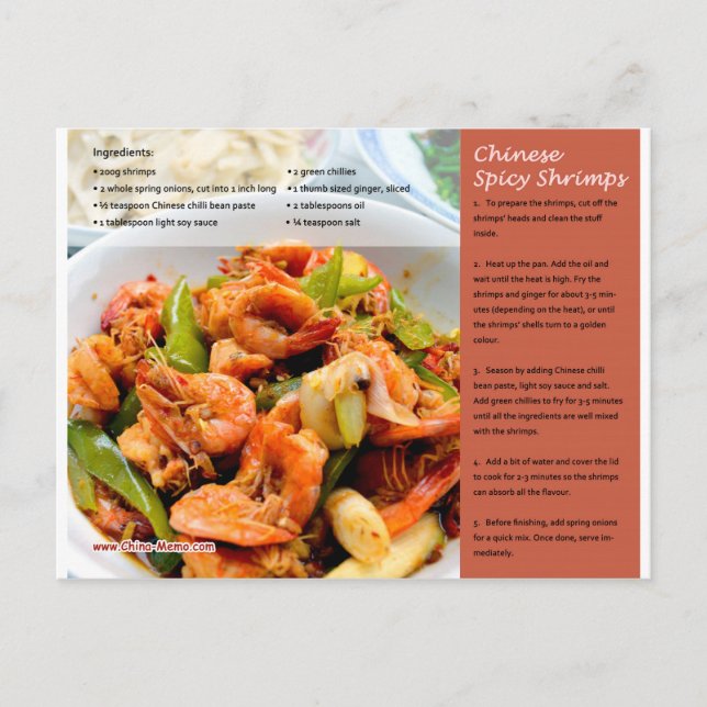 Carte postale Recette crevettes chinoises épicées (Devant)