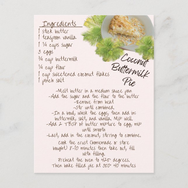 Carte Postale Recette de tarte au lait de coco (Devant)
