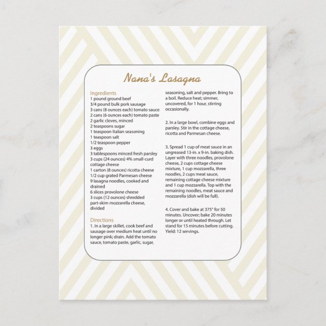 Carte Postale Recette Favorite Famille Chevron - Lasagna (Devant)