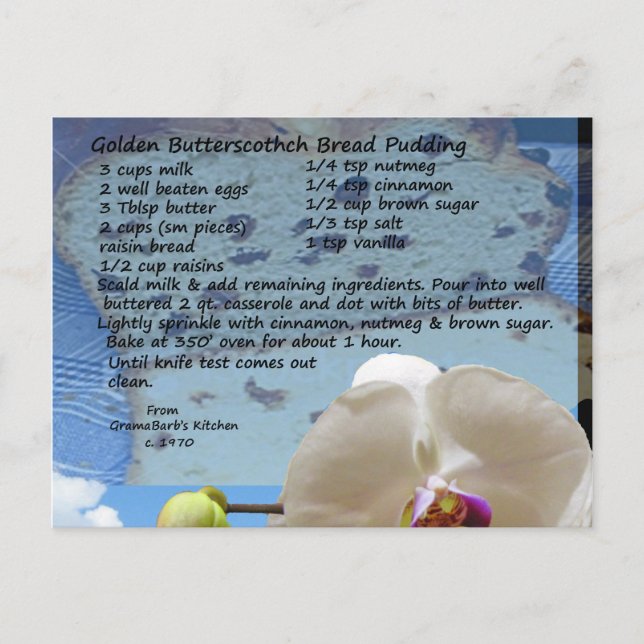 Carte Postale Recette Golden Butterscotch Pread Pudding Recette (Devant)