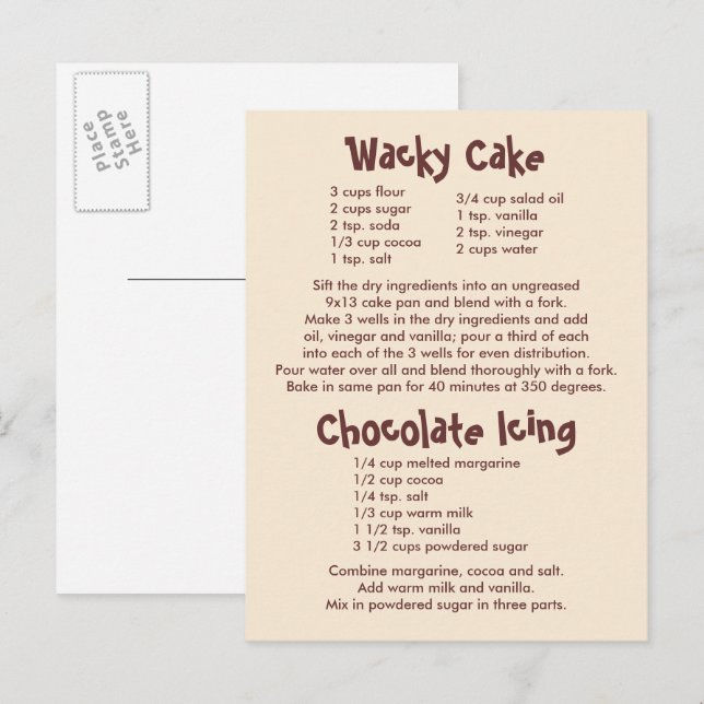 Carte Postale Recettes de gâteau et de glaçage au chocolat (Devant / Derrière)