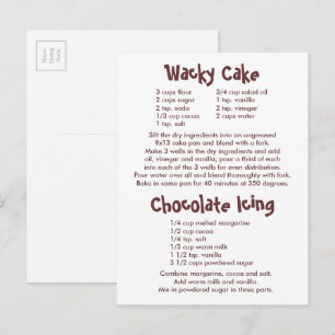 Carte Postale Recettes de gâteau farfelu et de glaçage au chocol