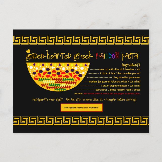 Carte Postale Recettes riches - PÂTES GRECQUES COUVERTES D'OR (Devant)