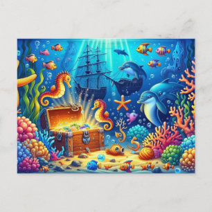 Carte Postale Récif de corail sous-marin, Vie marine et coffre a